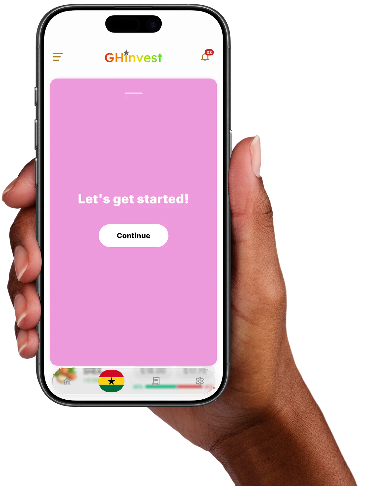 GHInvest social experience shown on an iPhone held in hand